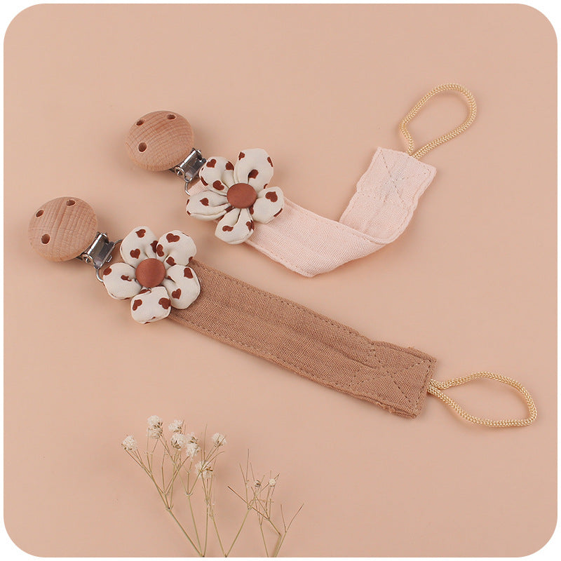 Wholesale 3PCS Cartoon Flowers Cotton Linen Strips Beech Wood Pacifier Clip